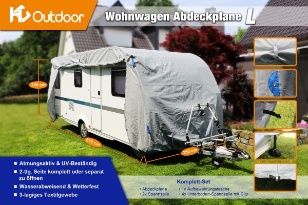HC Outdoor Wohnwagen Abdeckplane Gr&ouml;&szlig;e L 610 x 250 x 220 cm